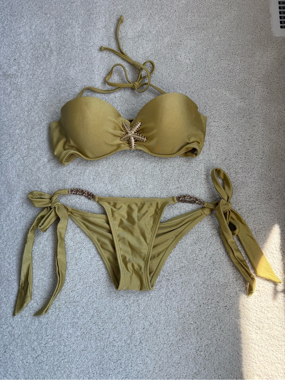 Olive Green Starfish Accent Tie-Side Bikini Set